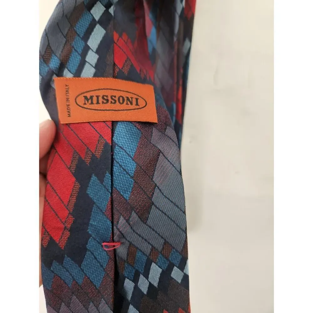 Missoni 100% Silk Neck Tie Blue Green Geo Old Money Made In Italy